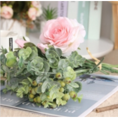 盛世泰宝 花瓶仿真花套装 假花干花塑料绢花玻璃花瓶 客厅电视柜餐厅装饰 尤加利玫瑰（一束）+花瓶